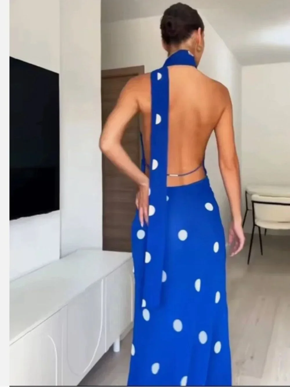 Zara Womens Midi Dress XS Blue White Polka Dot Print Halter Neck 8410/430 NWT - Picture 2 of 16